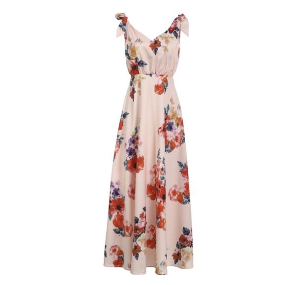 Floral Print Shoulder Tie backless Bridal Wedding Summer Maxi Dress - Picture 10 of 11